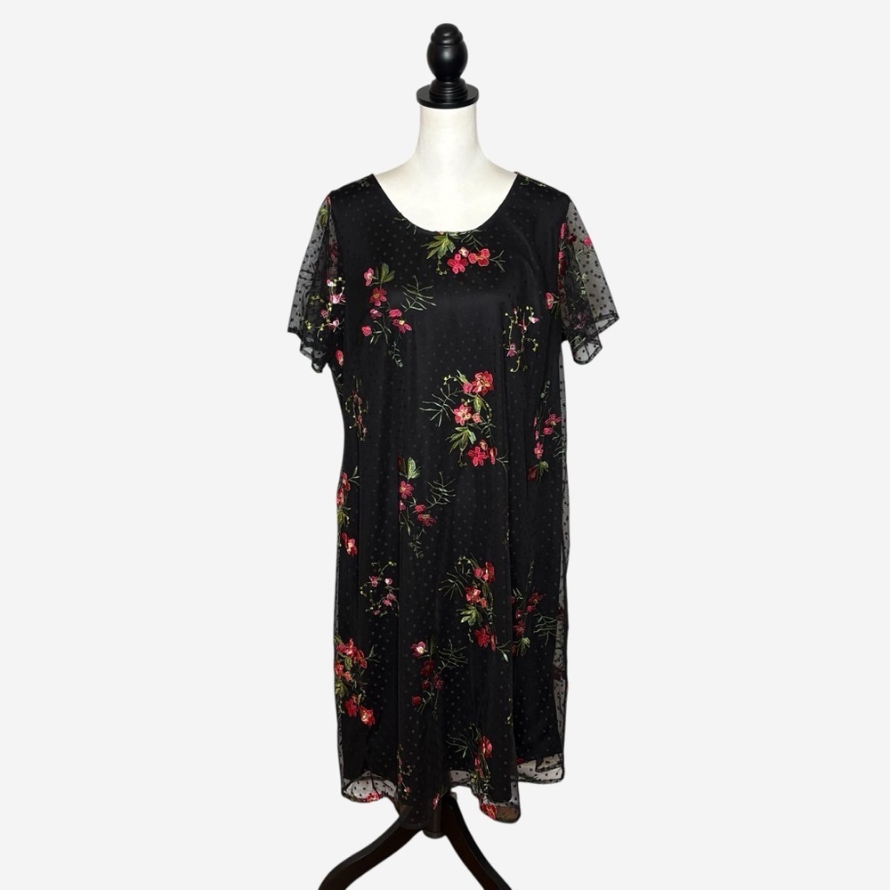Catherines Embroidered Floral Sheer Layered Shift Dress 14/16W Black Romantic - Picture 3 of 11